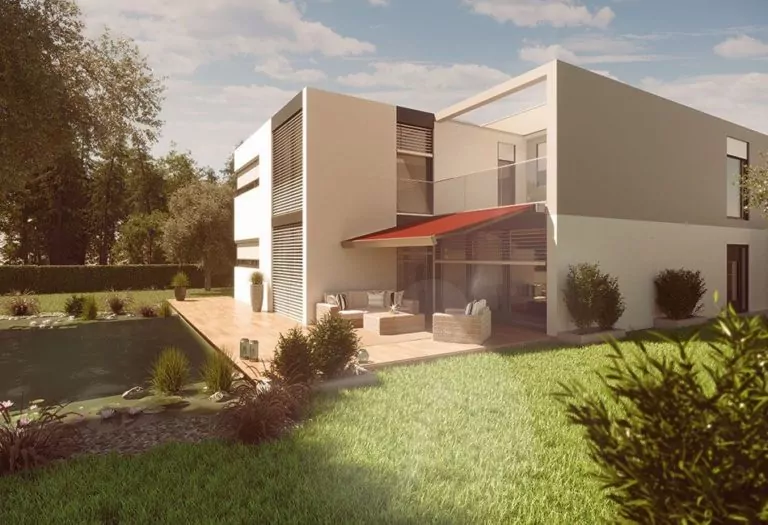 Rote Markise als Sonnenschutz